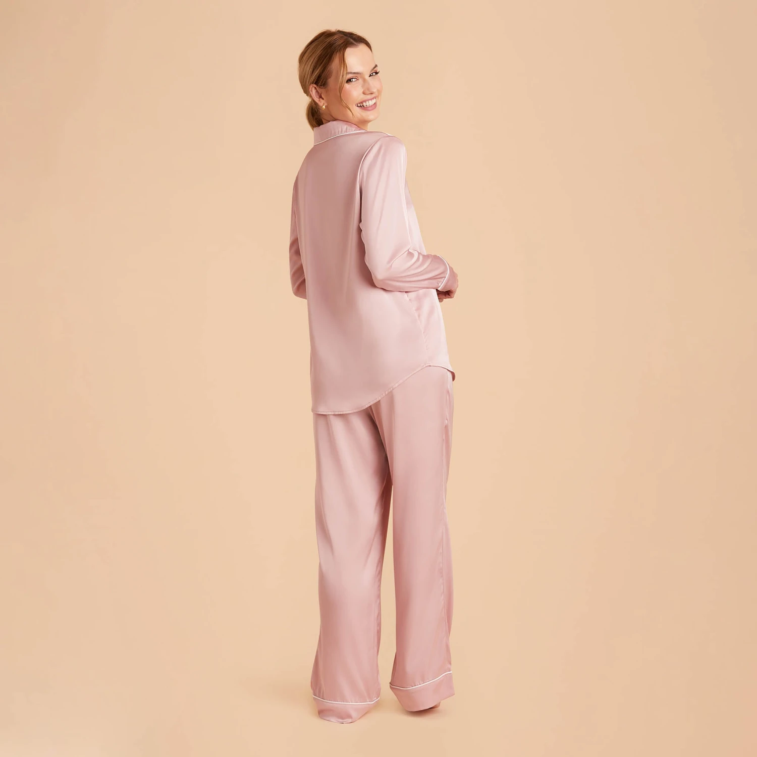 Jonny Satin Long Sleeve Pajama Top - Dusty Pink - Image 5