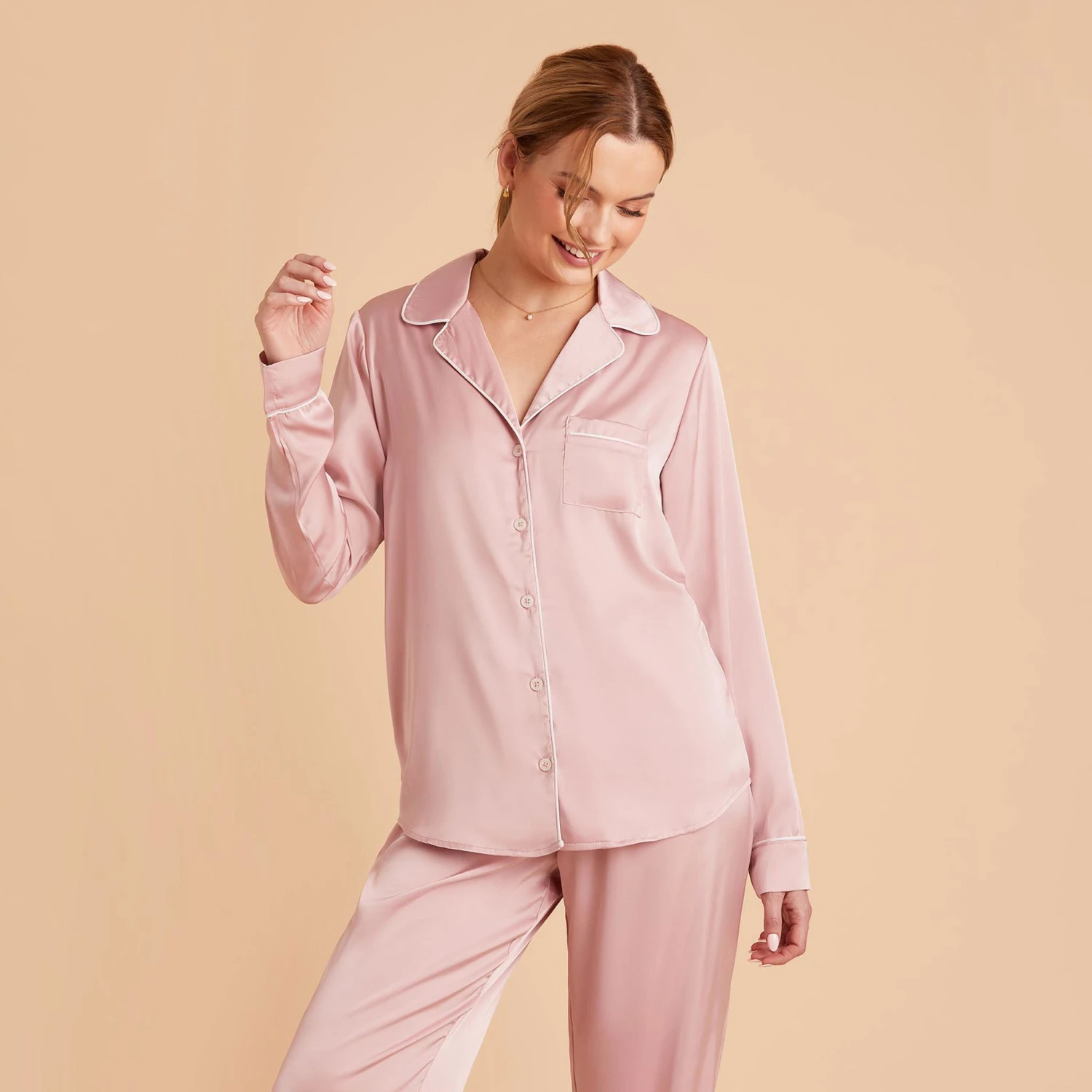 Jonny Satin Long Sleeve Pajama Top - Dusty Pink - Image 8
