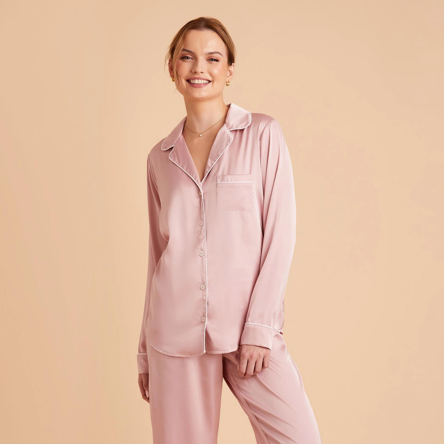 Jonny Satin Long Sleeve Pajama Top - Dusty Pink - Image 4