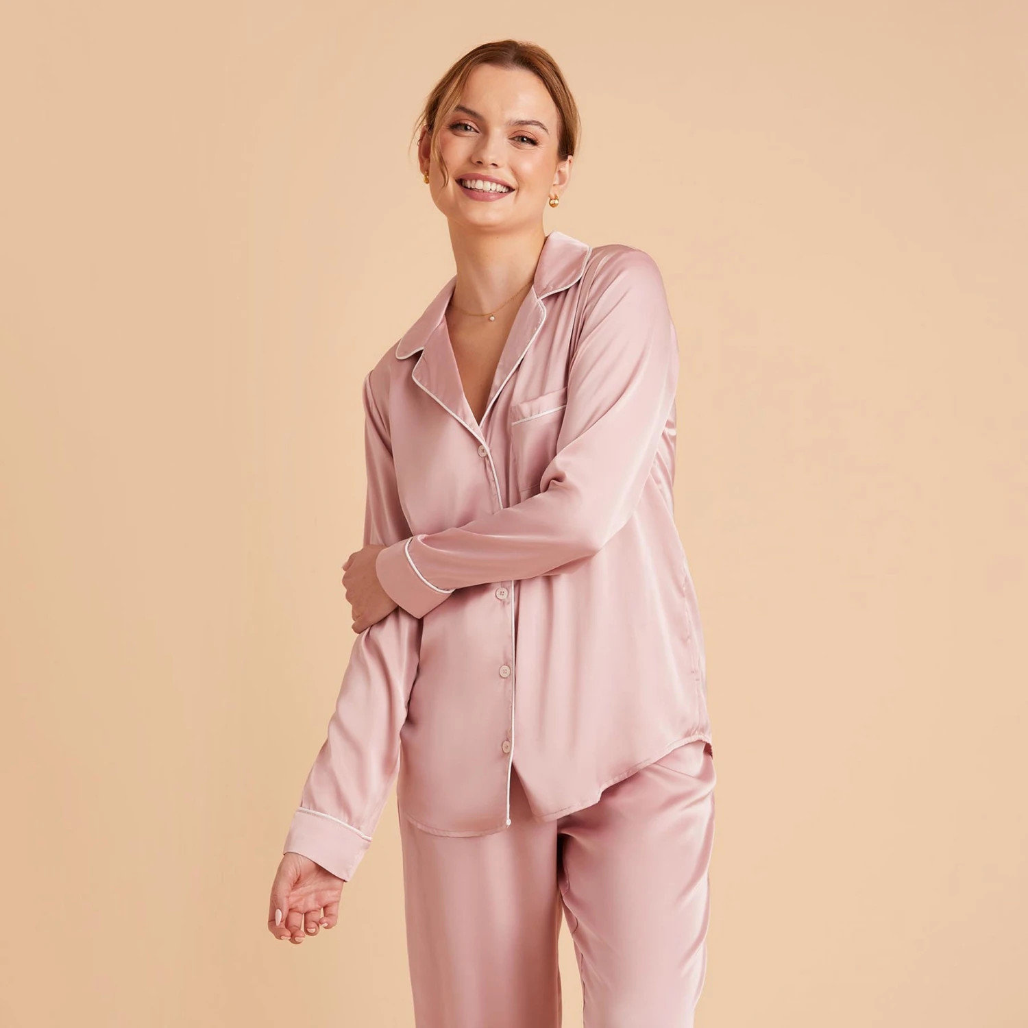Jonny Satin Long Sleeve Pajama Top - Dusty Pink - Image 10