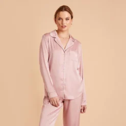 Jonny Satin Long Sleeve Pajama Top - Dusty Pink