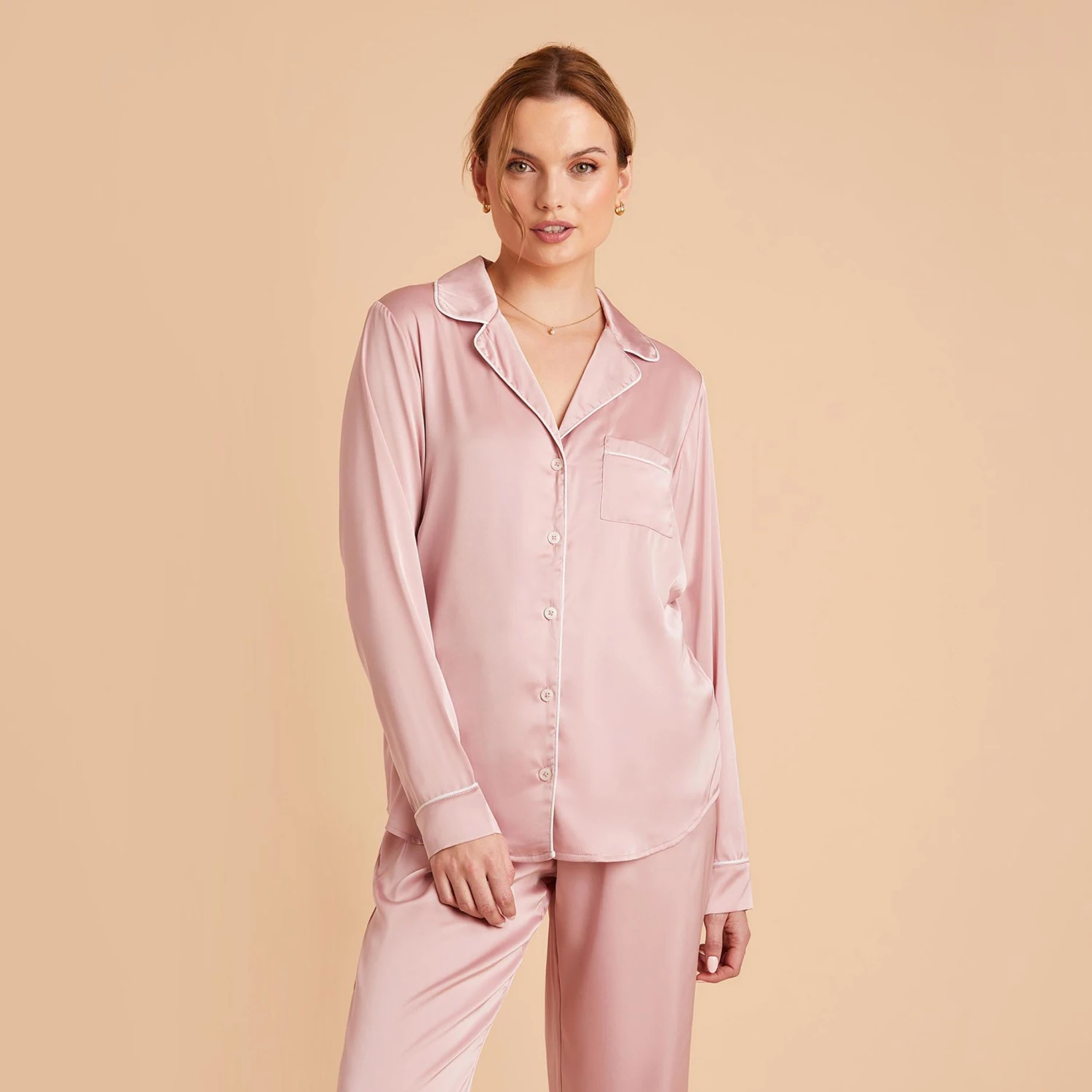 Jonny Satin Long Sleeve Pajama Top - Dusty Pink