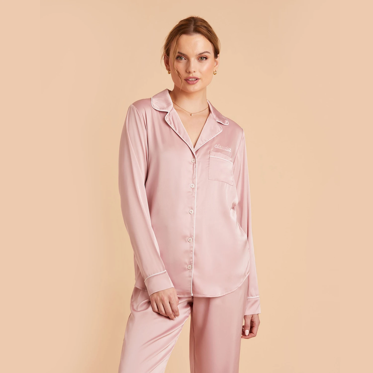 Jonny Long Sleeves And Pants Satin PJ Set - Dusty Pink - Image 12