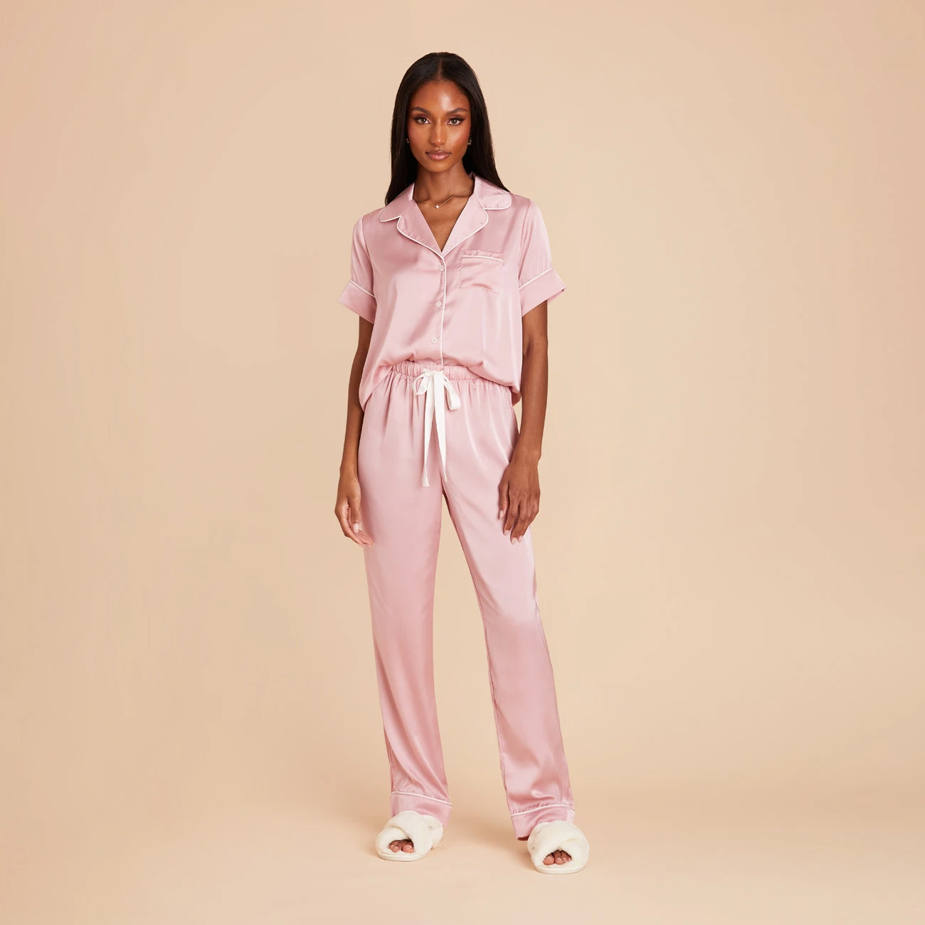 Jonny Satin Short Sleeve And Pant Set - Dusty Pink - Image 3