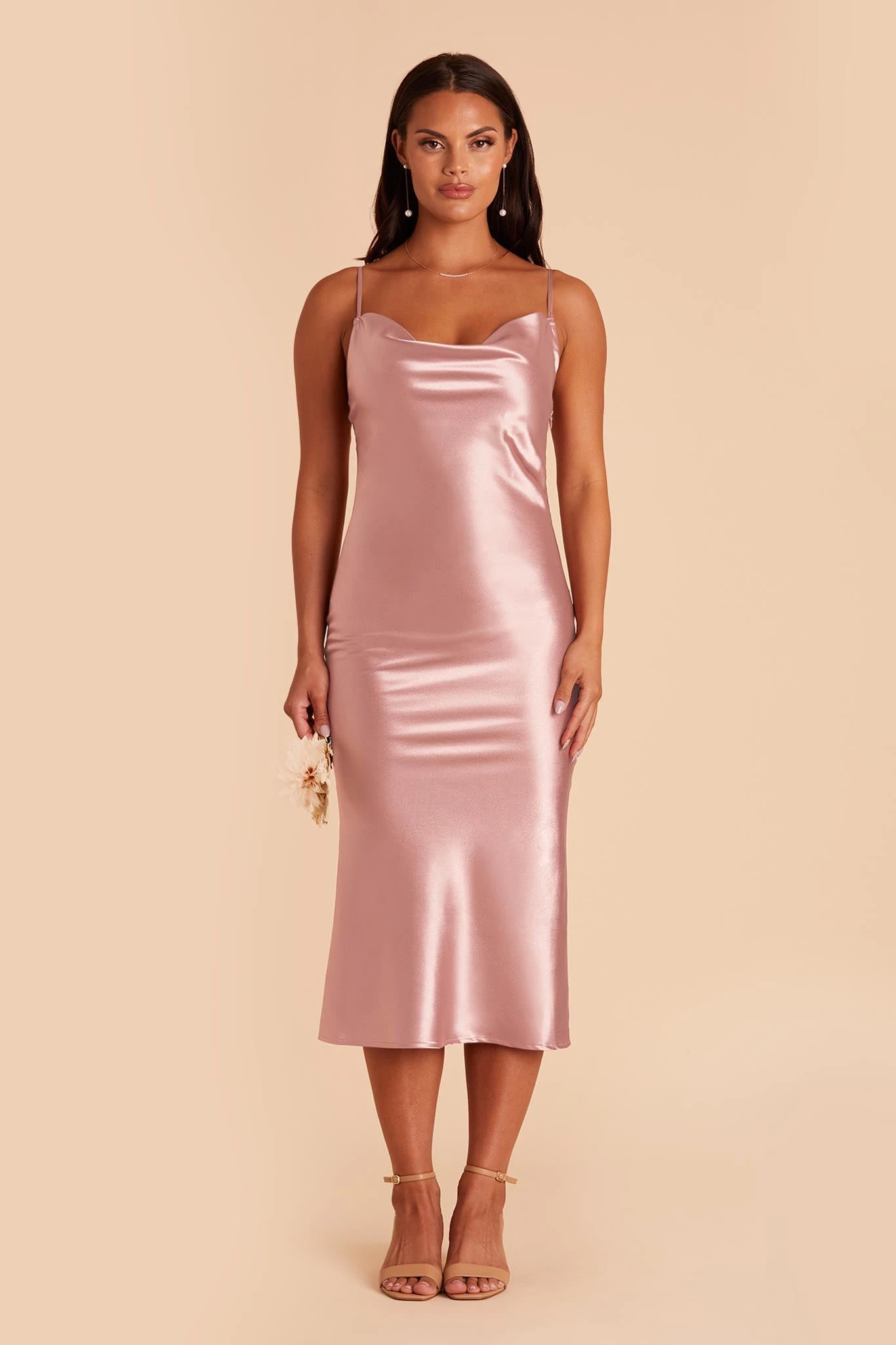 Lisa Shiny Satin Midi Dress - English Rose - Image 3