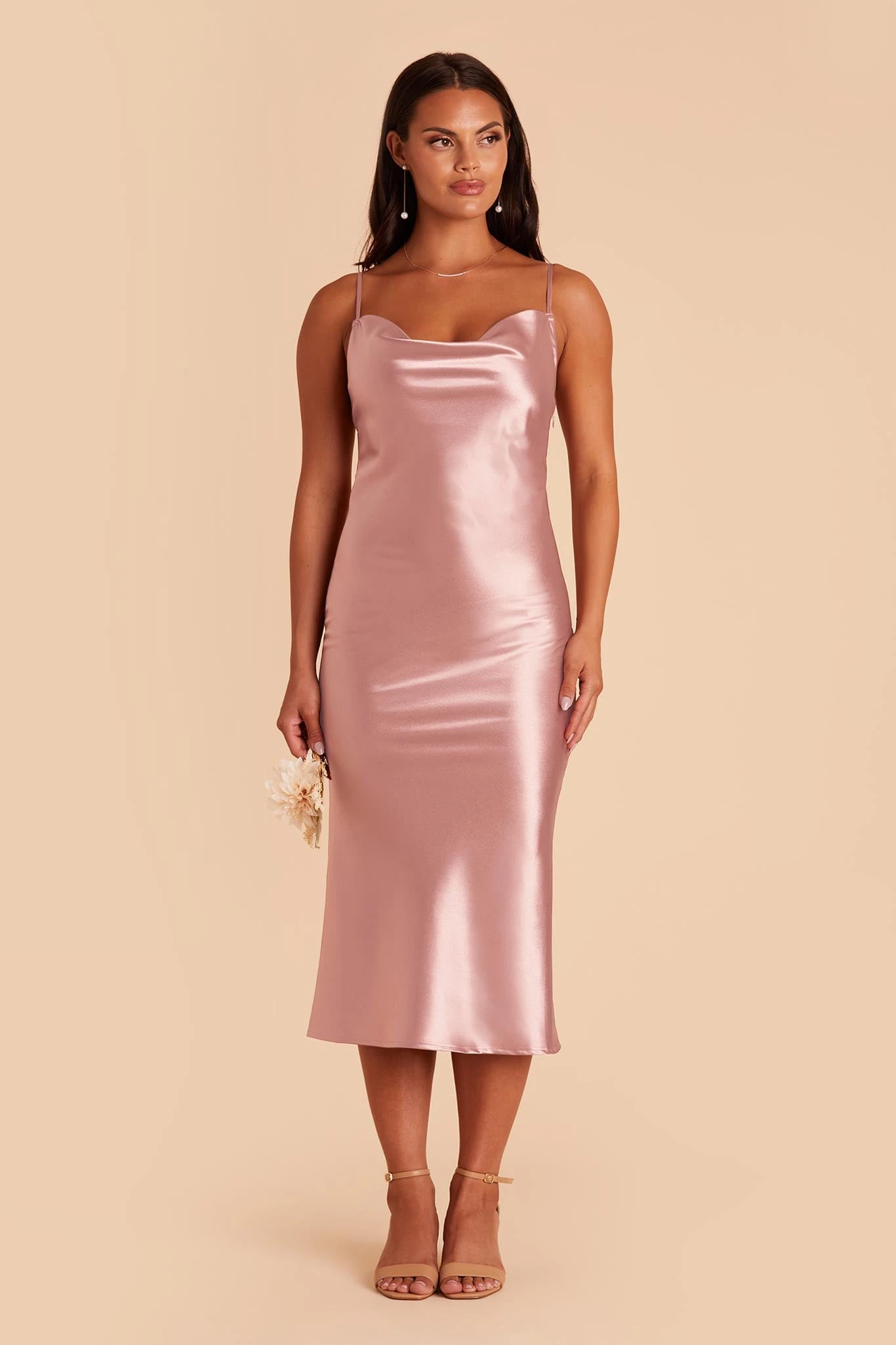 Lisa Shiny Satin Midi Dress - English Rose - Image 4