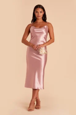 Lisa Shiny Satin Midi Dress - English Rose