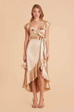 James Shiny Satin Midi Dress - Gold