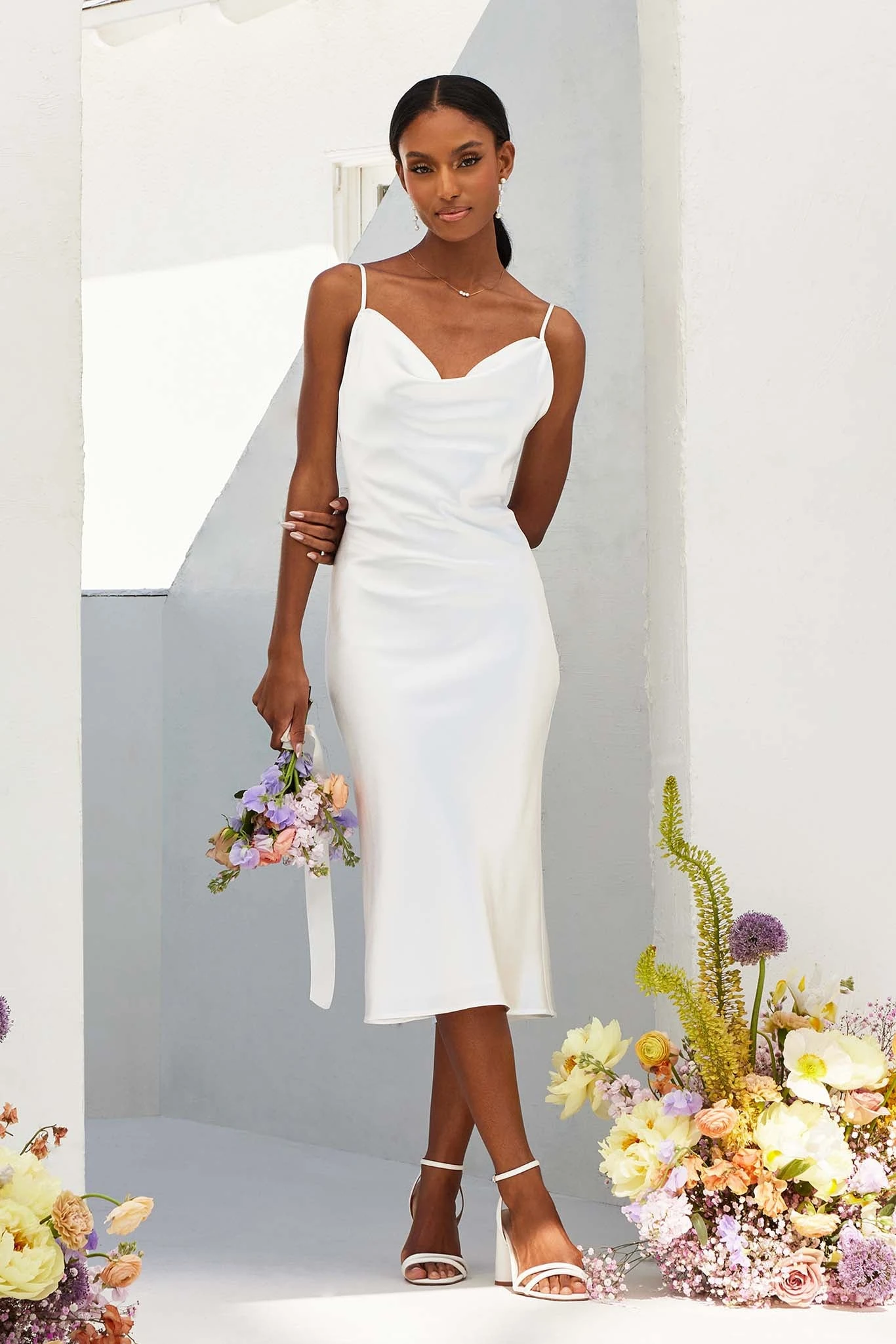 Lisa Shiny Satin Midi Dress - White - Image 2