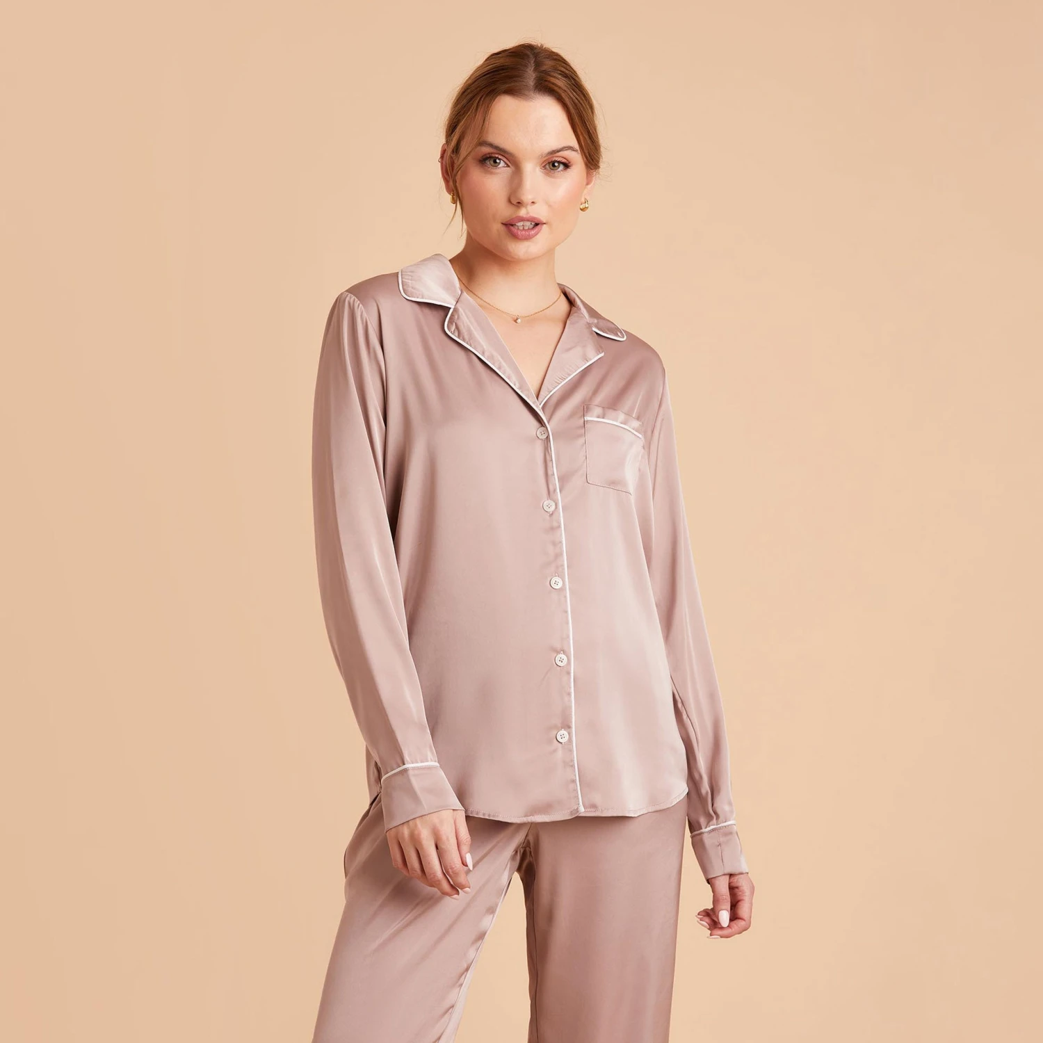 Jonny Long Sleeves And Pants Satin PJ Set - Mauve Taupe - Image 9