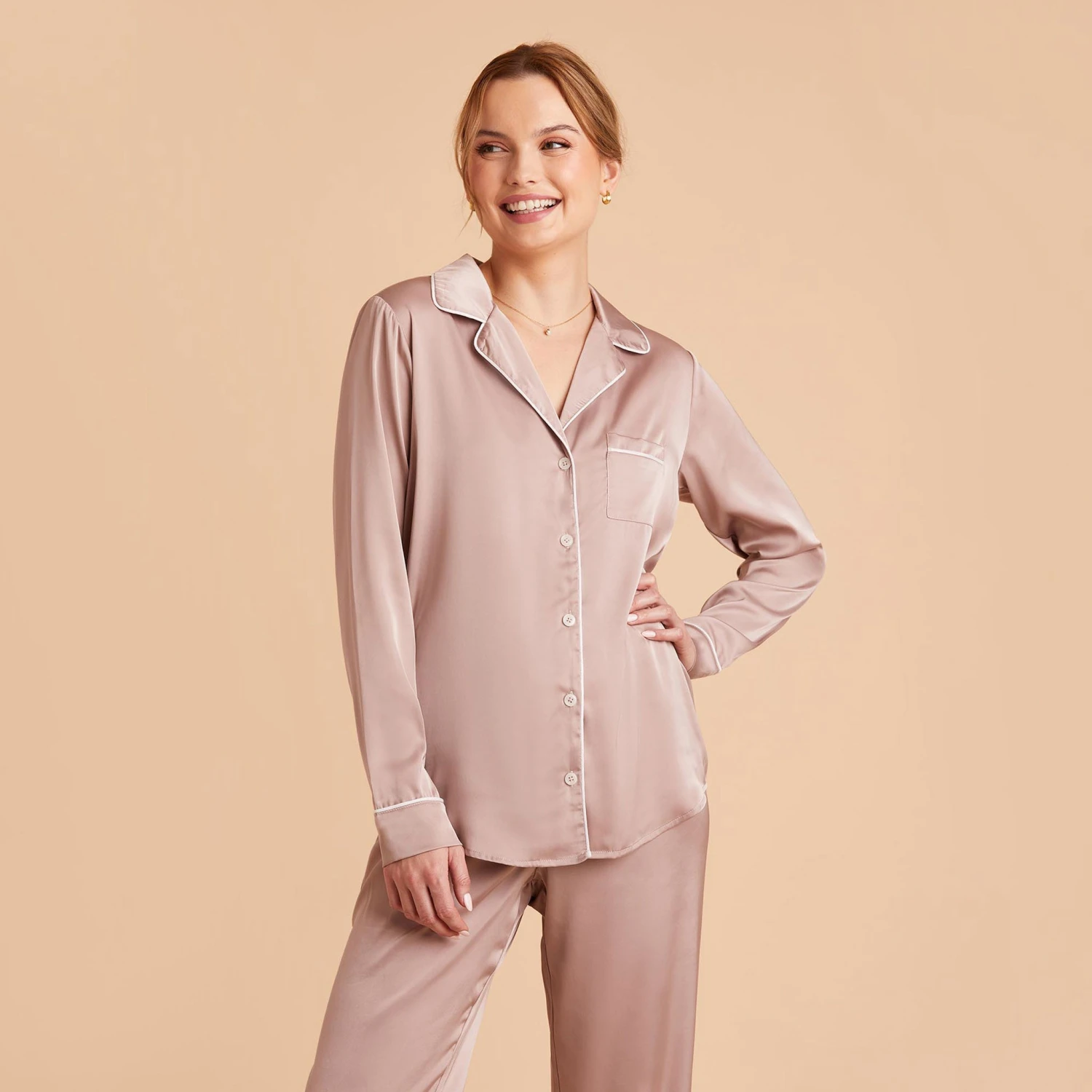 Jonny Long Sleeves And Pants Satin PJ Set - Mauve Taupe - Image 5
