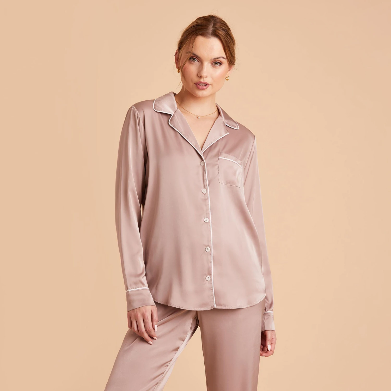 Jonny Long Sleeves And Pants Satin PJ Set - Mauve Taupe - Image 7