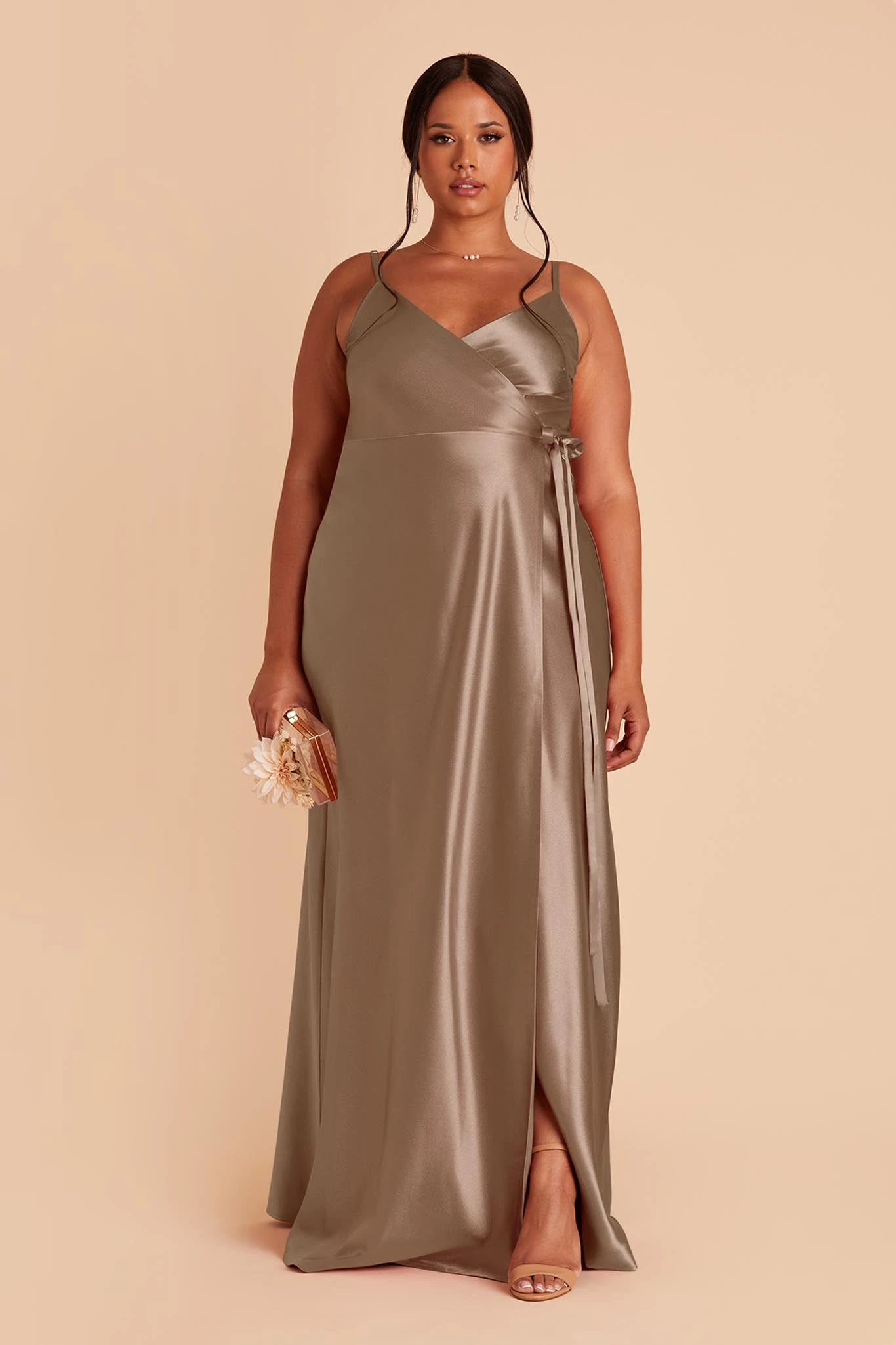 Cindy Shiny Satin Dress - Mocha - Image 2