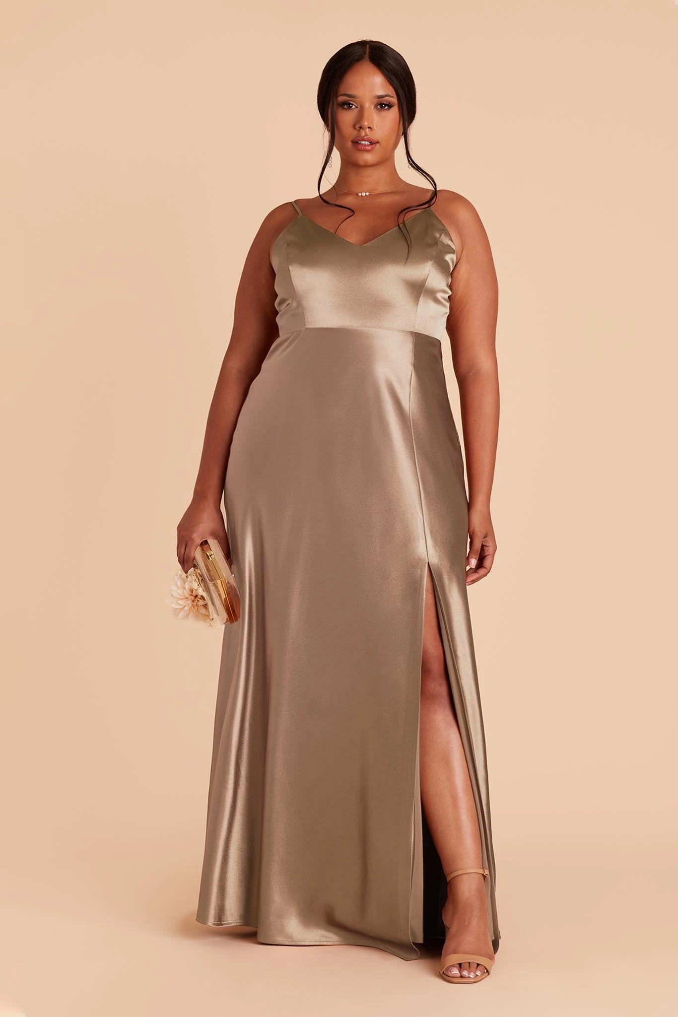 Jay Shiny Satin Dress - Mocha - Image 2