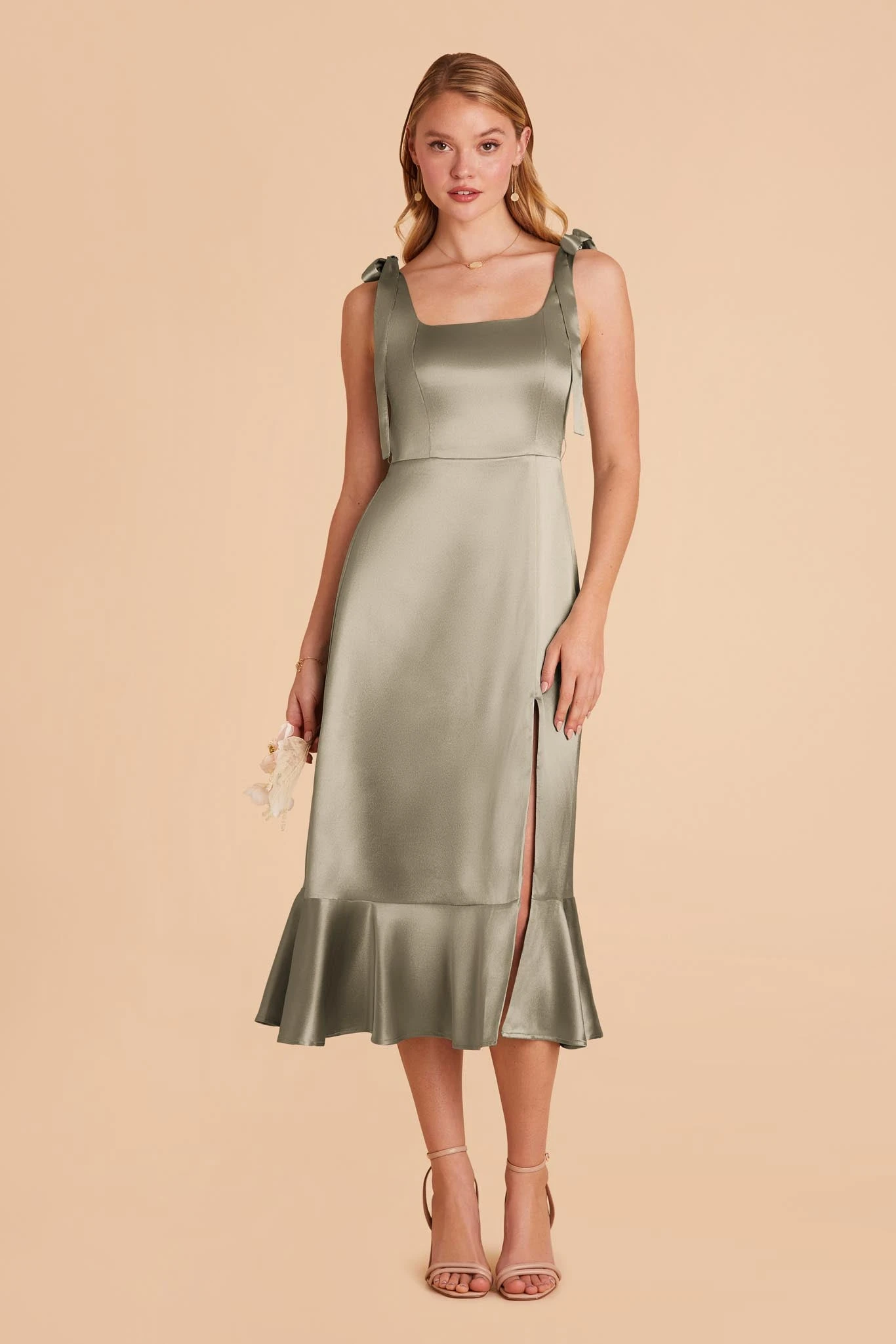 Eugenia Shiny Satin Convertible Midi Dress - Moss Green - Image 5