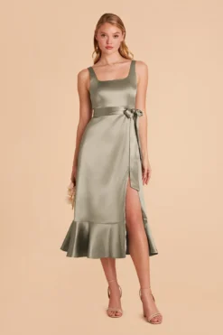Eugenia Shiny Satin Convertible Midi Dress - Moss Green