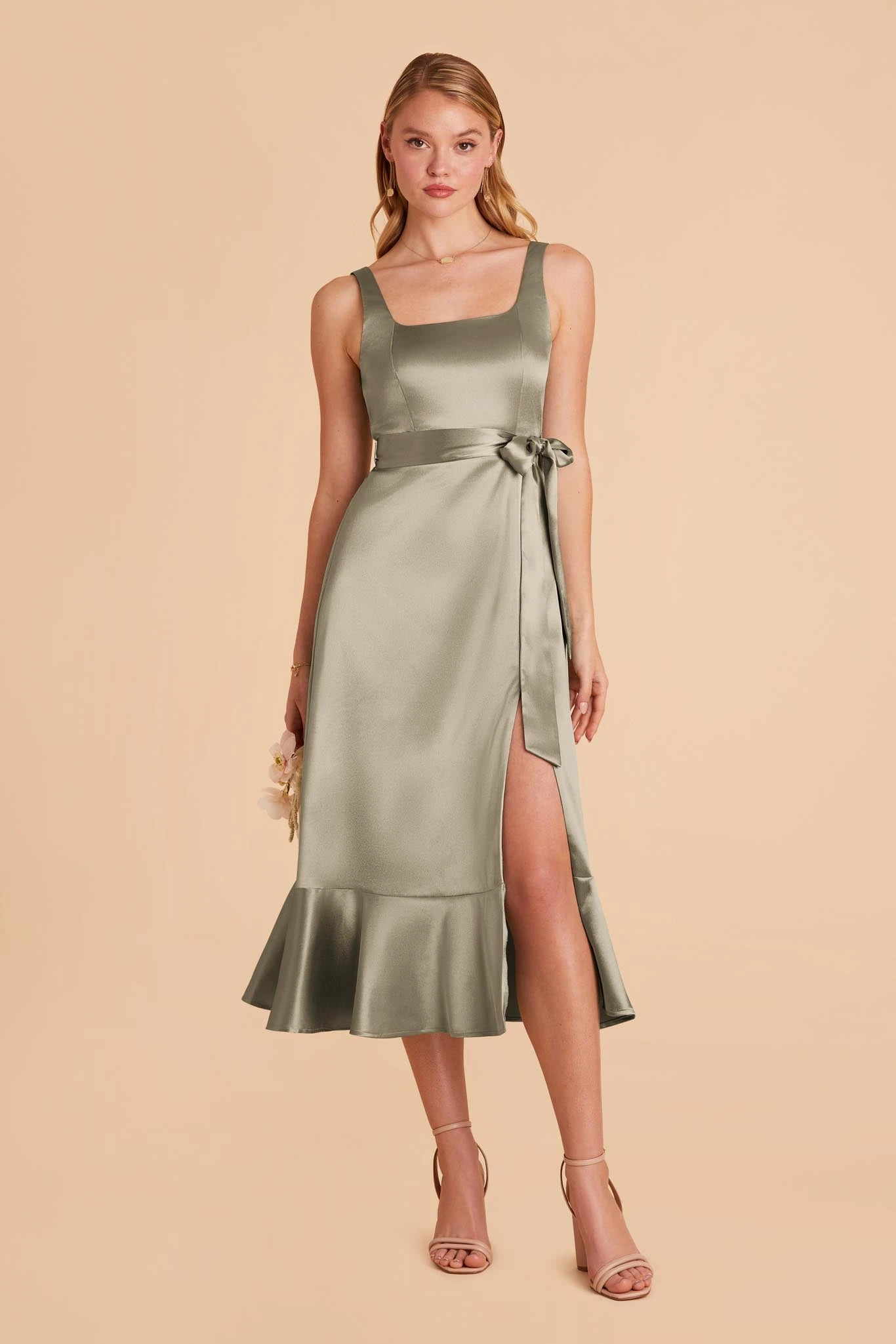 Eugenia Shiny Satin Convertible Midi Dress - Moss Green