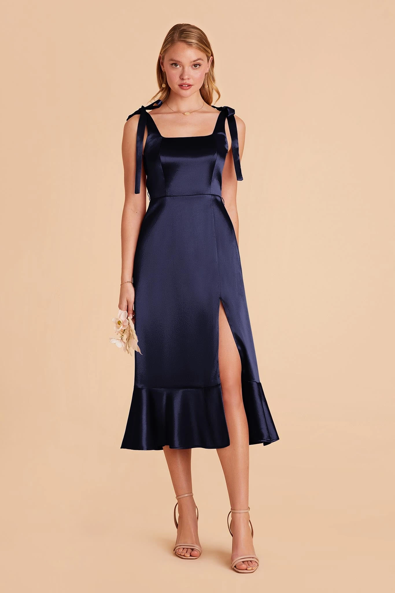 Eugenia Shiny Satin Convertible Midi Dress - Navy - Image 4