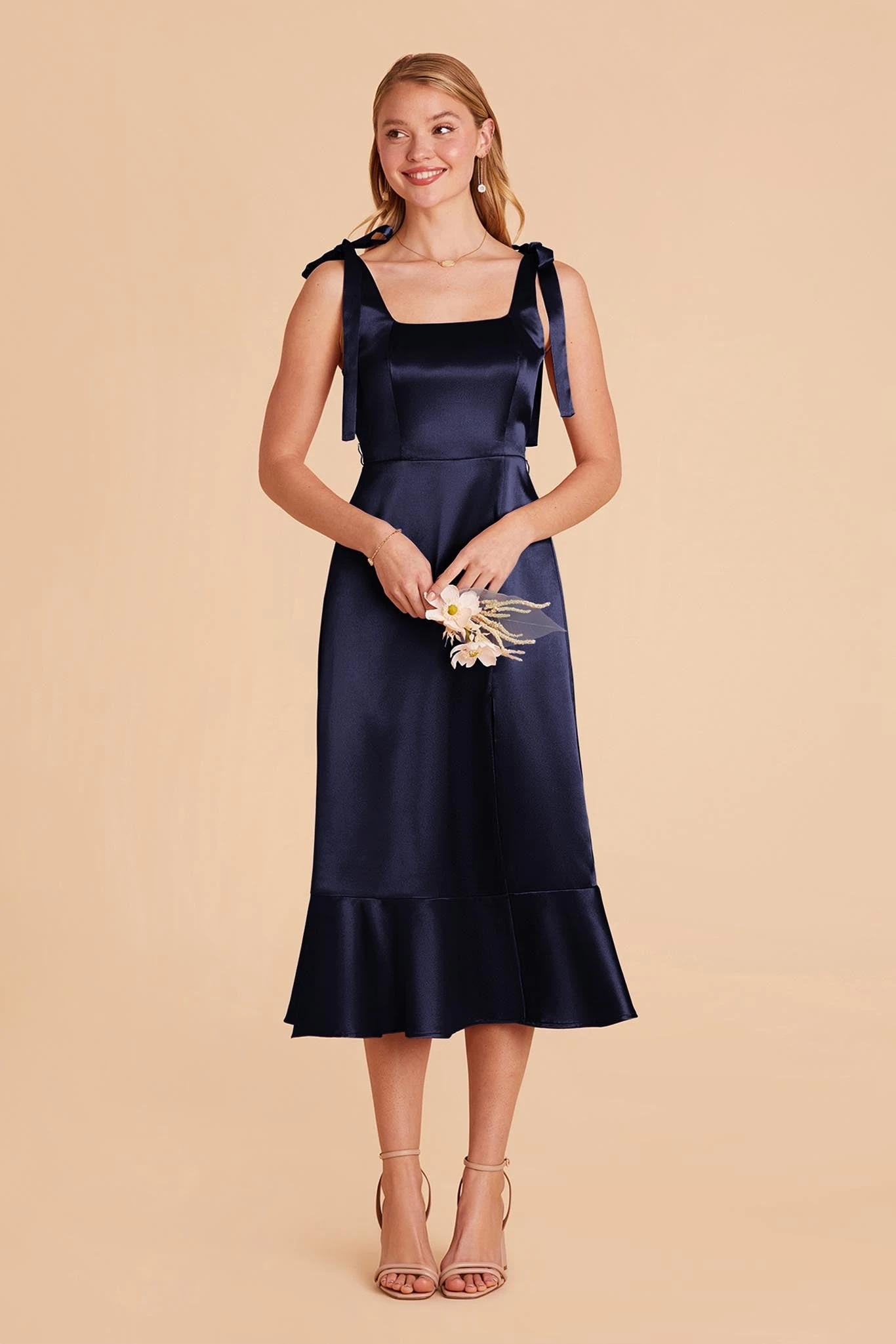 Eugenia Shiny Satin Convertible Midi Dress - Navy - Image 3