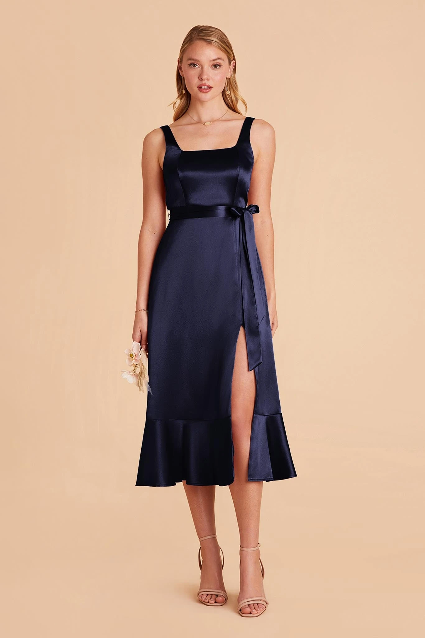 Eugenia Shiny Satin Convertible Midi Dress - Navy