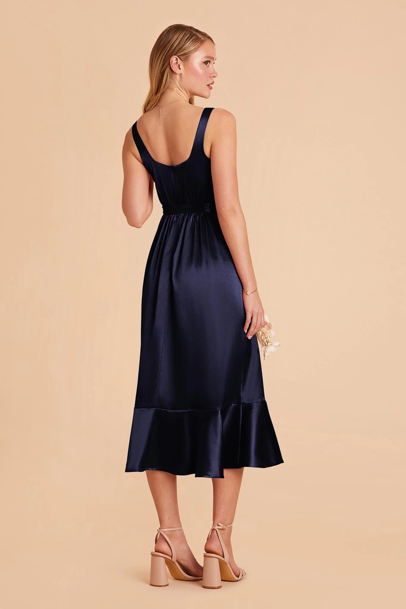 Eugenia Shiny Satin Convertible Midi Dress - Navy - Image 6