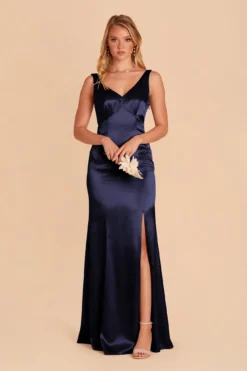 Gloria Shiny Satin Dress - Navy
