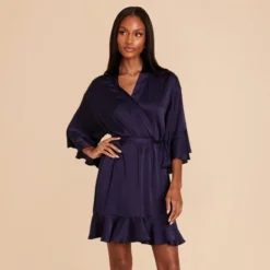 Kenny Ruffle Satin Robe - Navy