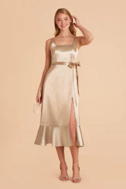 Eugenia Shiny Satin Convertible Midi Dress - Neutral Champagne