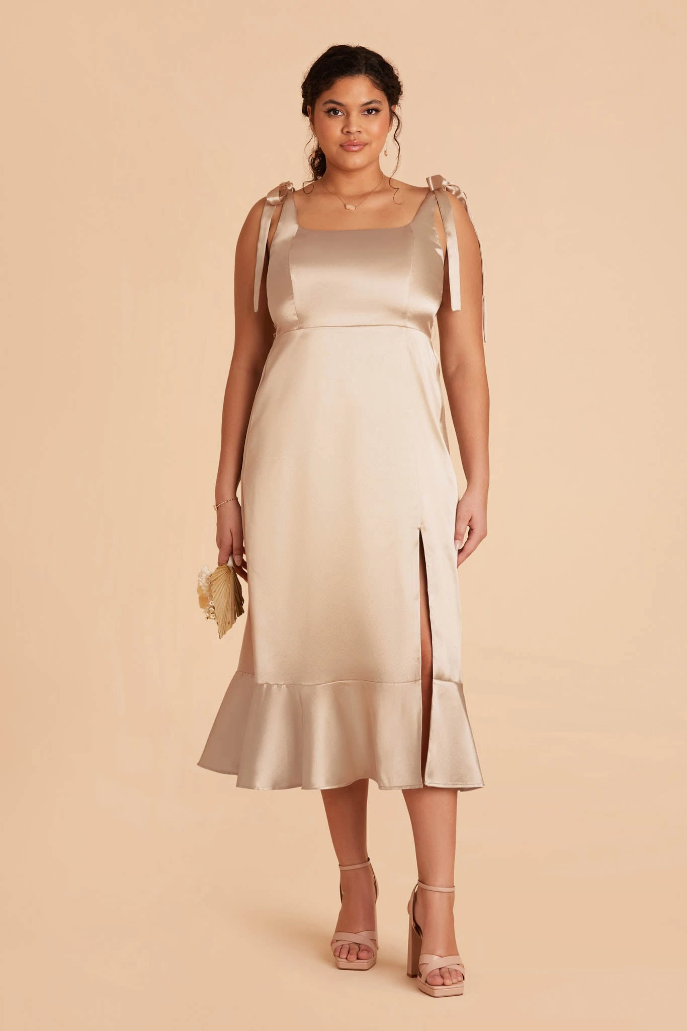 Eugenia Shiny Satin Convertible Midi Dress - Neutral Champagne - Image 7