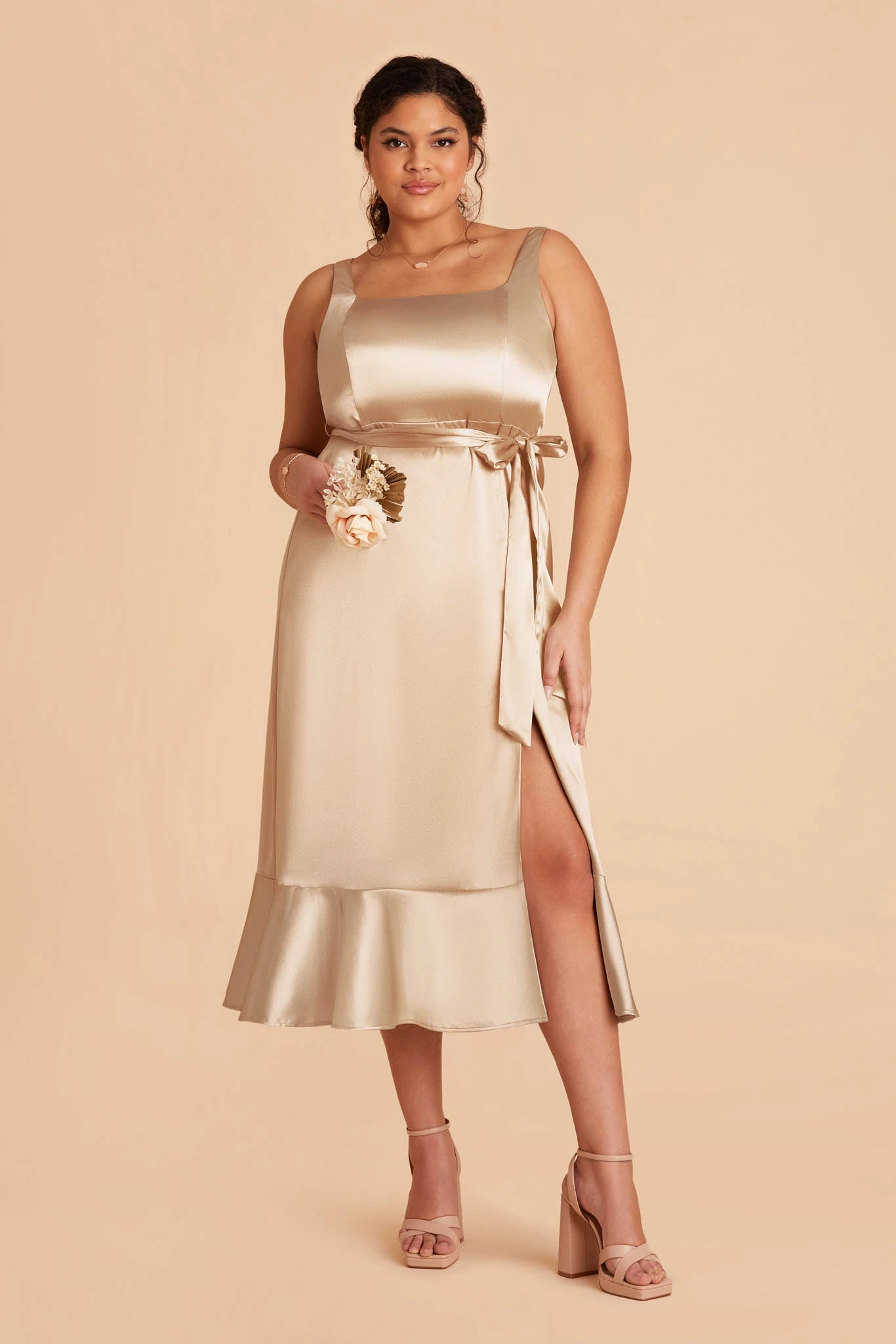 Eugenia Shiny Satin Convertible Midi Dress - Neutral Champagne - Image 8