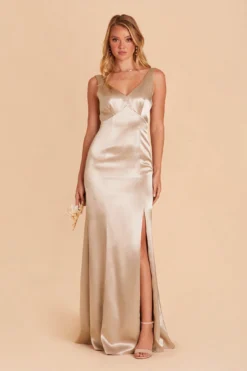 Gloria Shiny Satin Dress - Neutral Champagne