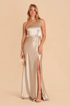 Kira Shiny Satin Dress - Neutral Champagne