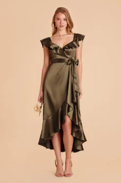 James Shiny Satin Midi Dress - Olive