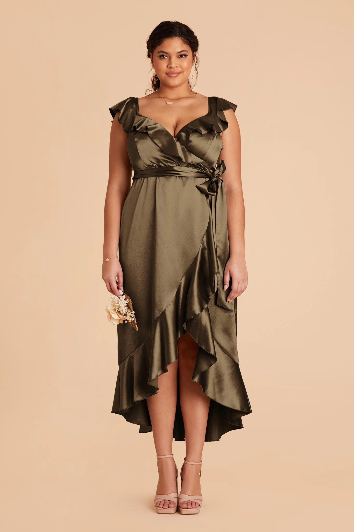James Shiny Satin Midi Dress - Olive - Image 7