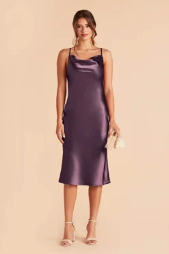 Lisa Shiny Satin Midi Dress - Plum
