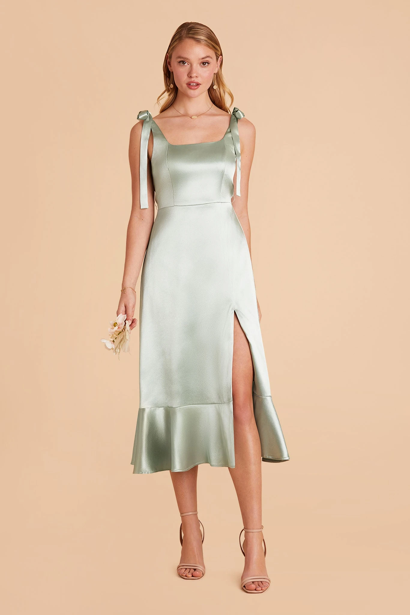 Eugenia Shiny Satin Convertible Midi Dress - Sage - Image 7