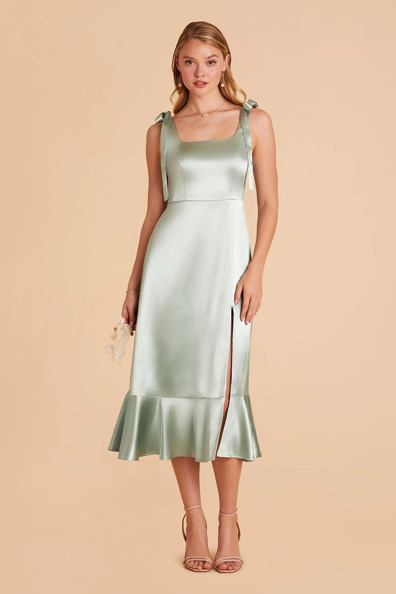 Eugenia Shiny Satin Convertible Midi Dress - Sage - Image 4