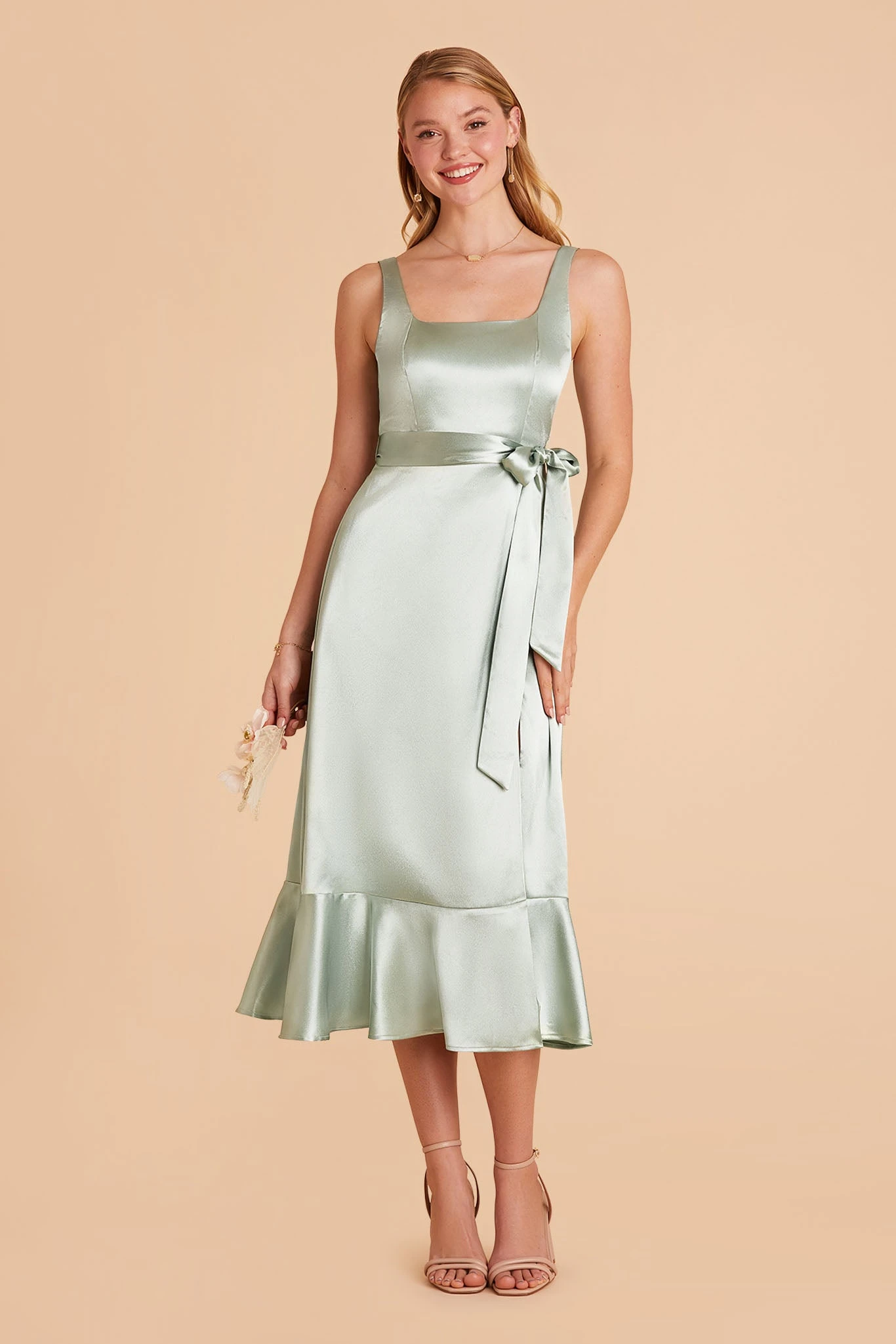 Eugenia Shiny Satin Convertible Midi Dress - Sage - Image 3