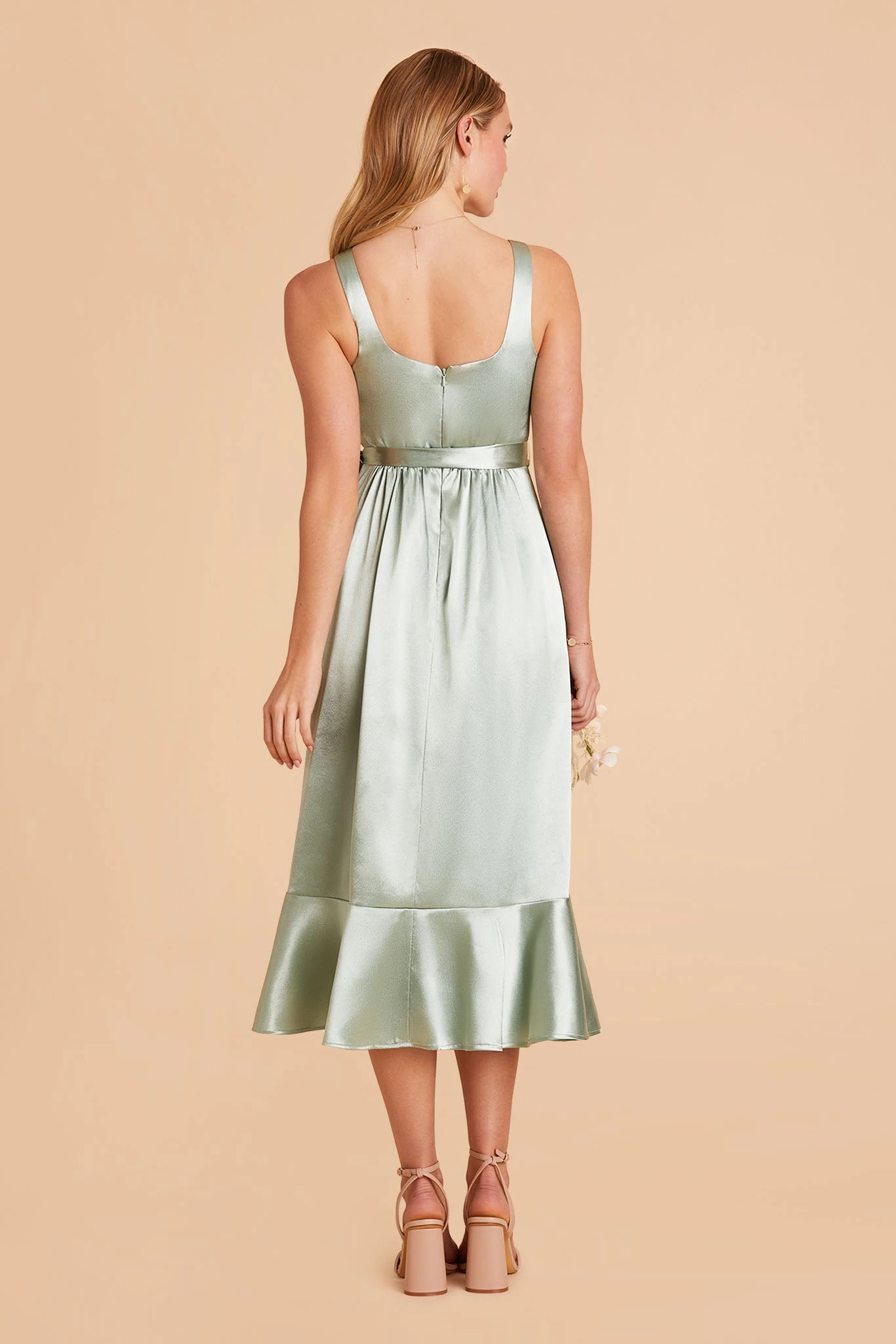 Eugenia Shiny Satin Convertible Midi Dress - Sage - Image 8