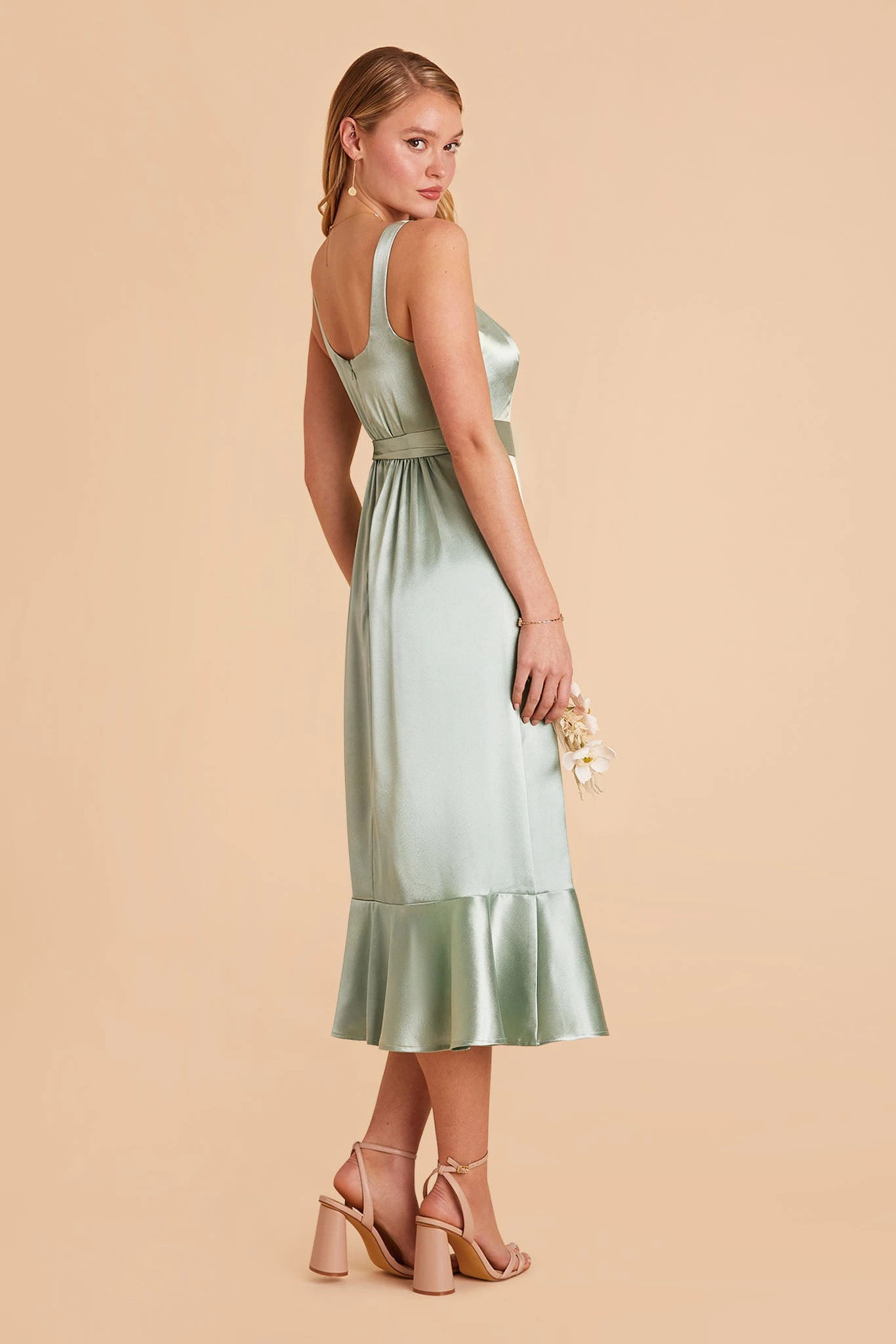 Eugenia Shiny Satin Convertible Midi Dress - Sage - Image 5