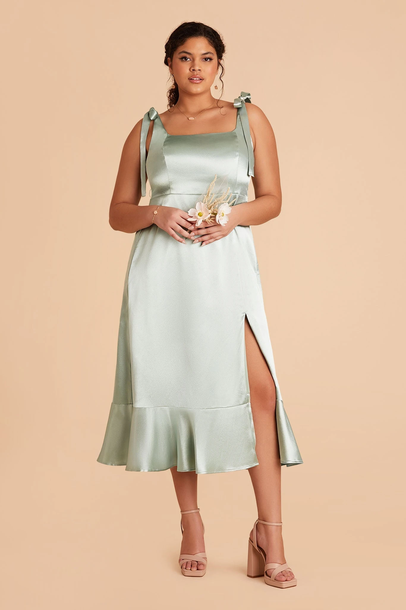 Eugenia Shiny Satin Convertible Midi Dress - Sage
