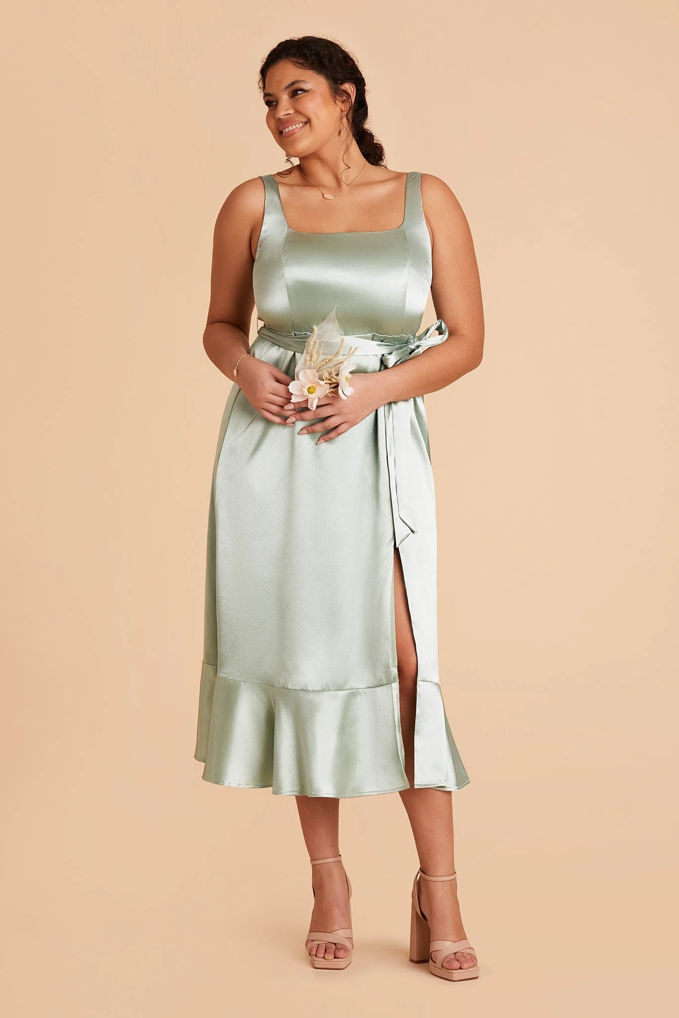 Eugenia Shiny Satin Convertible Midi Dress - Sage - Image 14