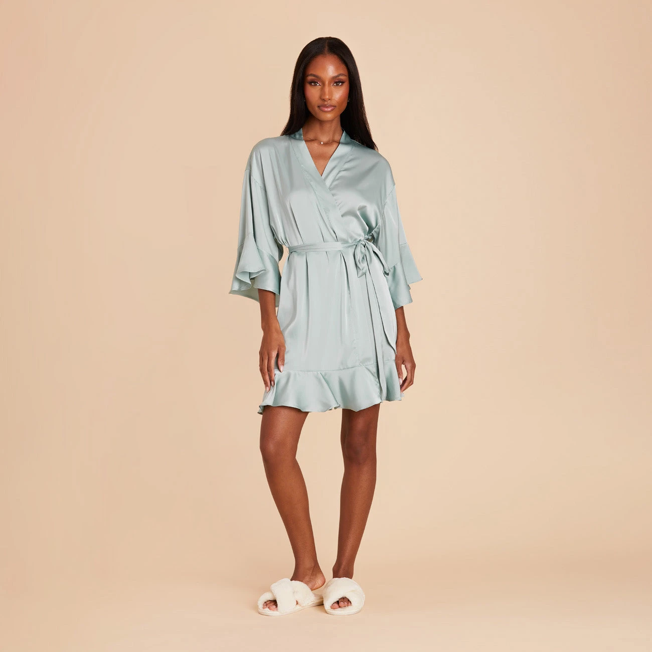 Kenny Ruffle Satin Robe - Sage - Image 3