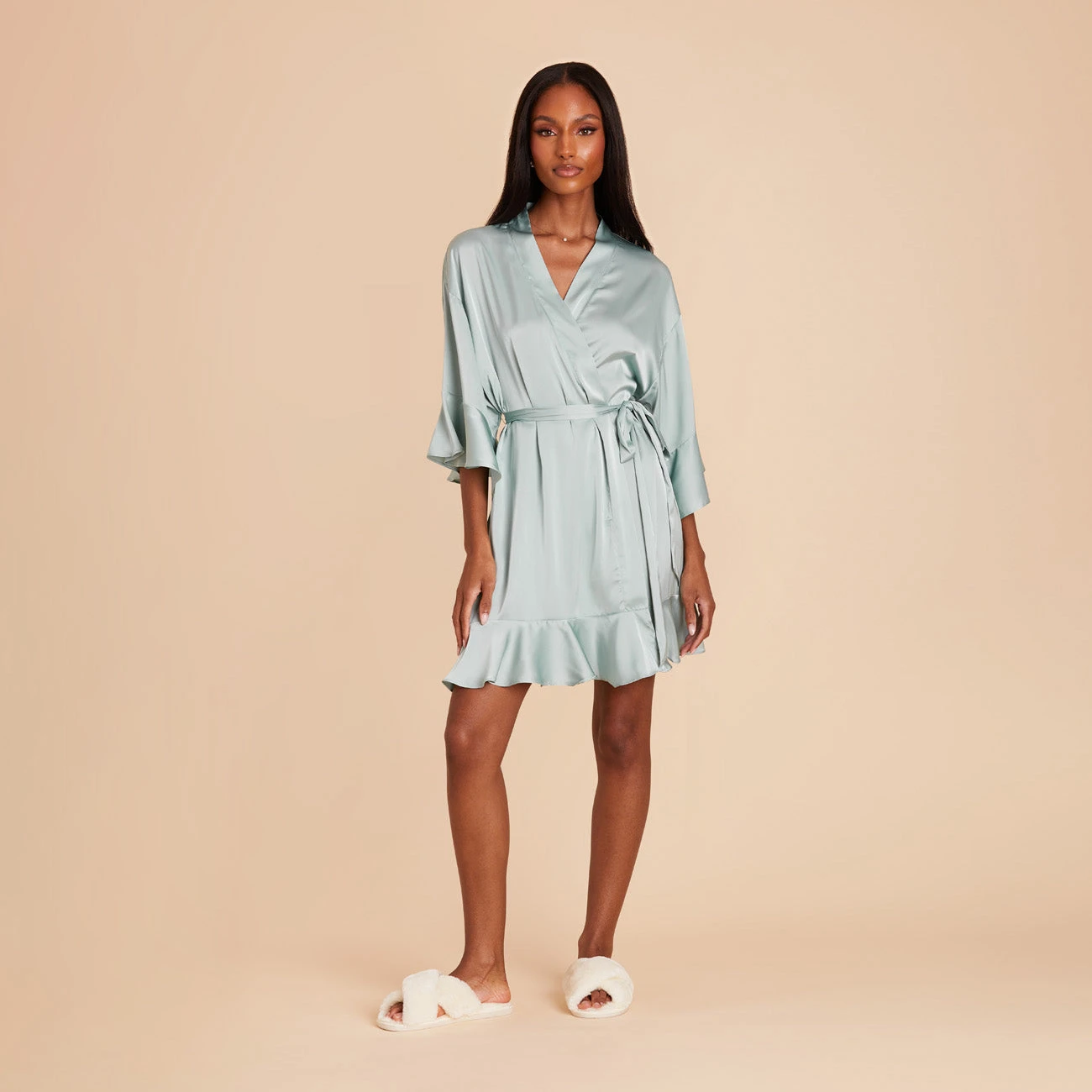 Kenny Ruffle Satin Robe - Sage - Image 5