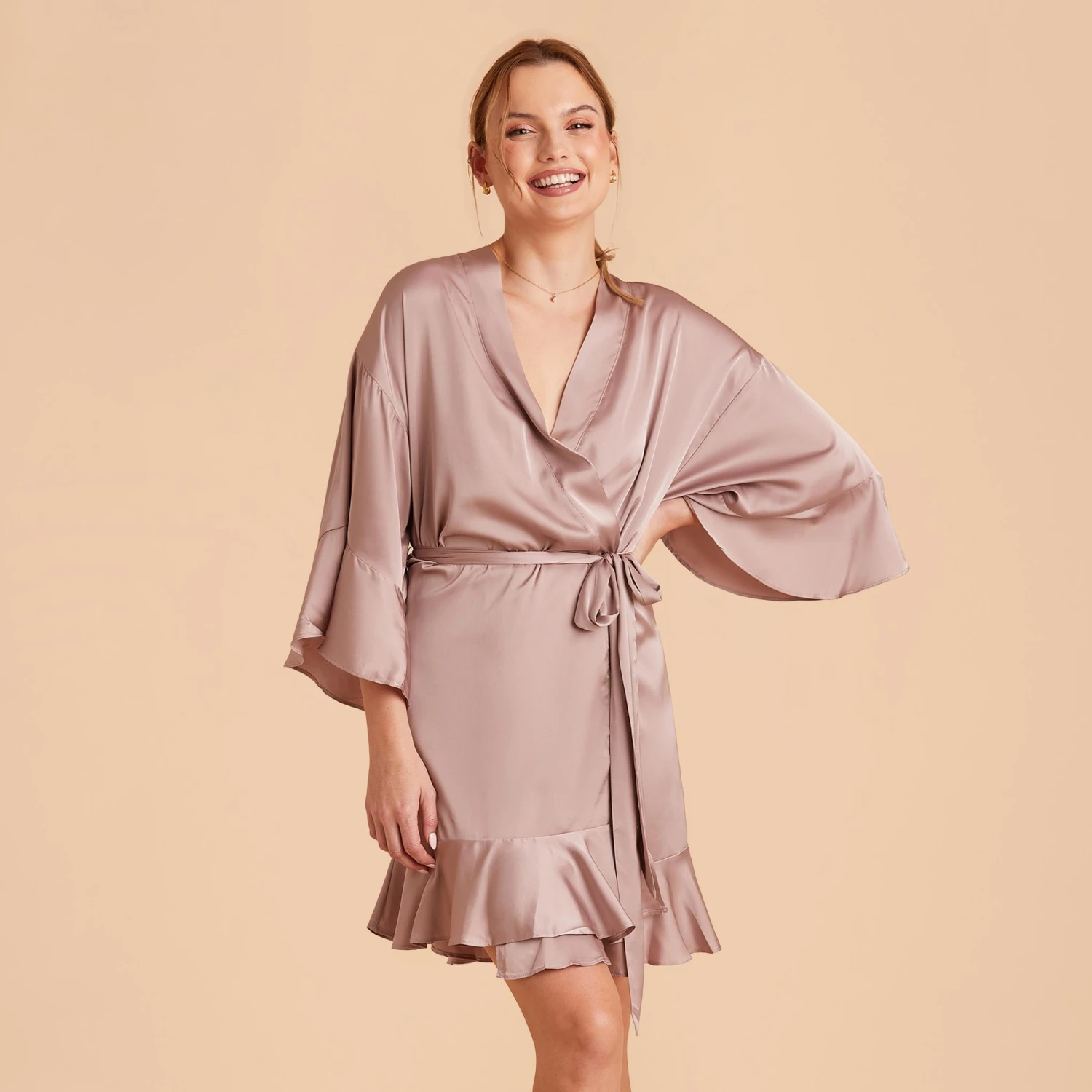 Kenny Ruffle Satin Robe - Mauve Taupe