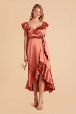 James Shiny Satin Midi Dress - Terracotta