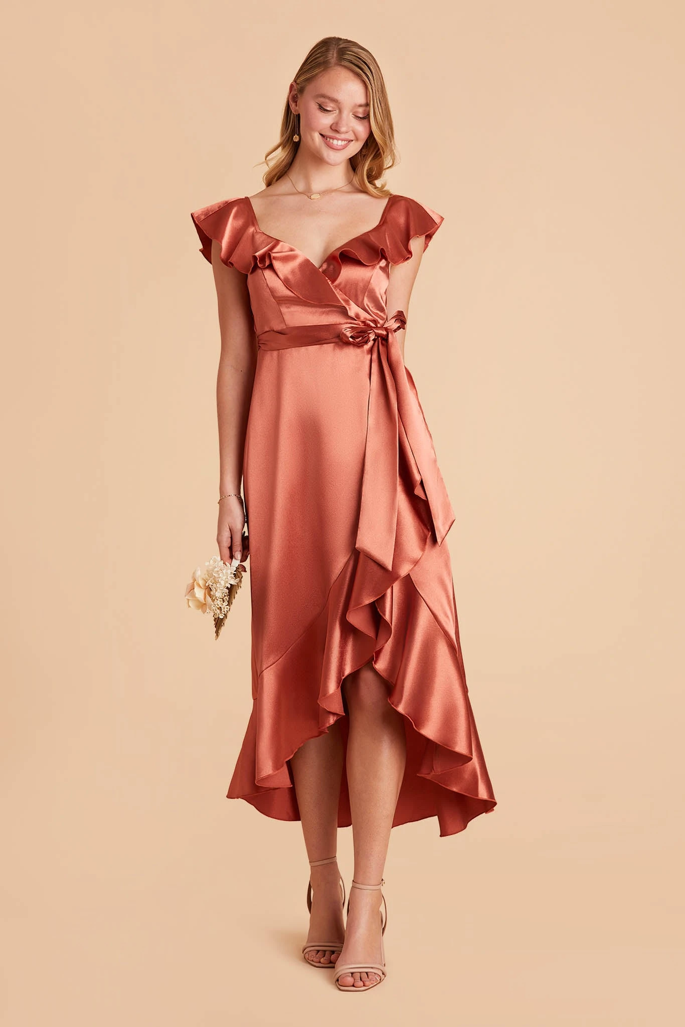 James Shiny Satin Midi Dress - Terracotta